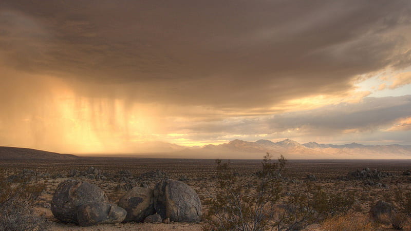 rainstorm in the desert, rocks, desert, mountains, rain, clouds, storm, HD wallpaper