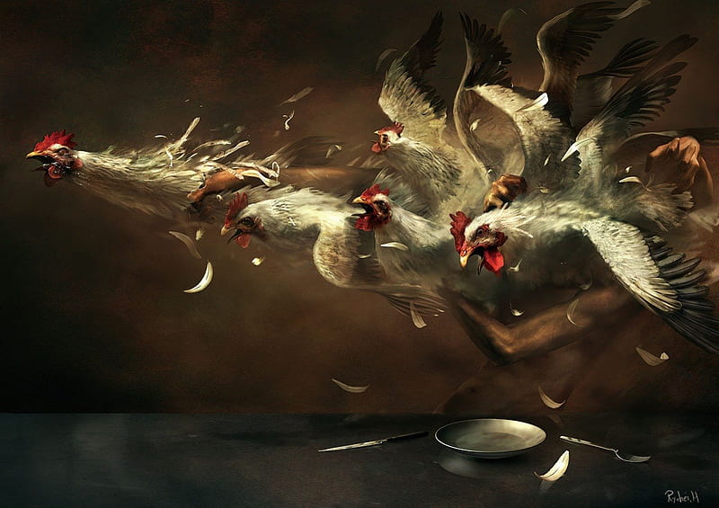 Eat Those Hens, dinner, man creature, chicken, hungry, abstract, plate, monstous, chickens, feathers, HD wallpaper
