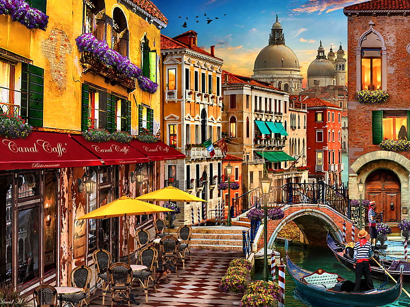 Venice Cafe, architecture, art, cityscape, bonito, illustration, artwork, stores, painting, shops, wide screen, scenery, HD wallpaper
