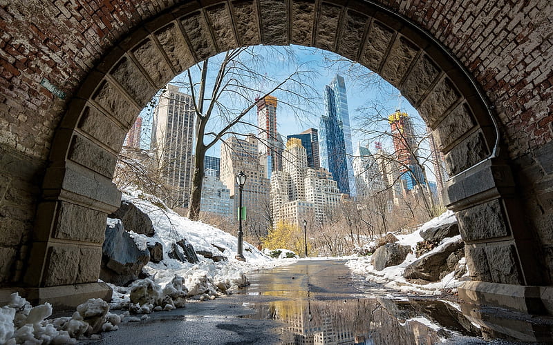 Central Park in Winter, Central Park, New York, Manhattan, skyscrapers, USA, HD wallpaper
