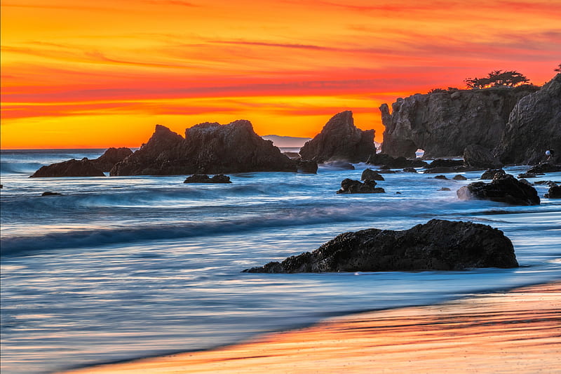 Sunset on El Matador State Beach, rocks, beach, sunset, usa, HD wallpaper
