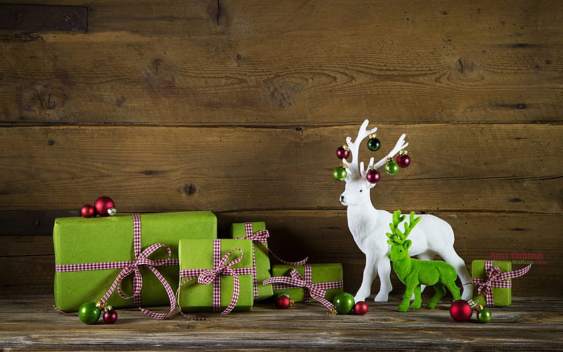 Merry Christmas!, deco, craciun, christmas, gift, card, green, reindeer, figurine, wood, HD wallpaper