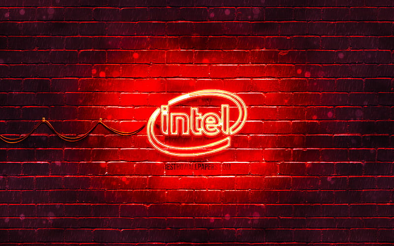 Intel red logo red brickwall, Intel logo, brands, Intel neon logo, Intel, HD wallpaper