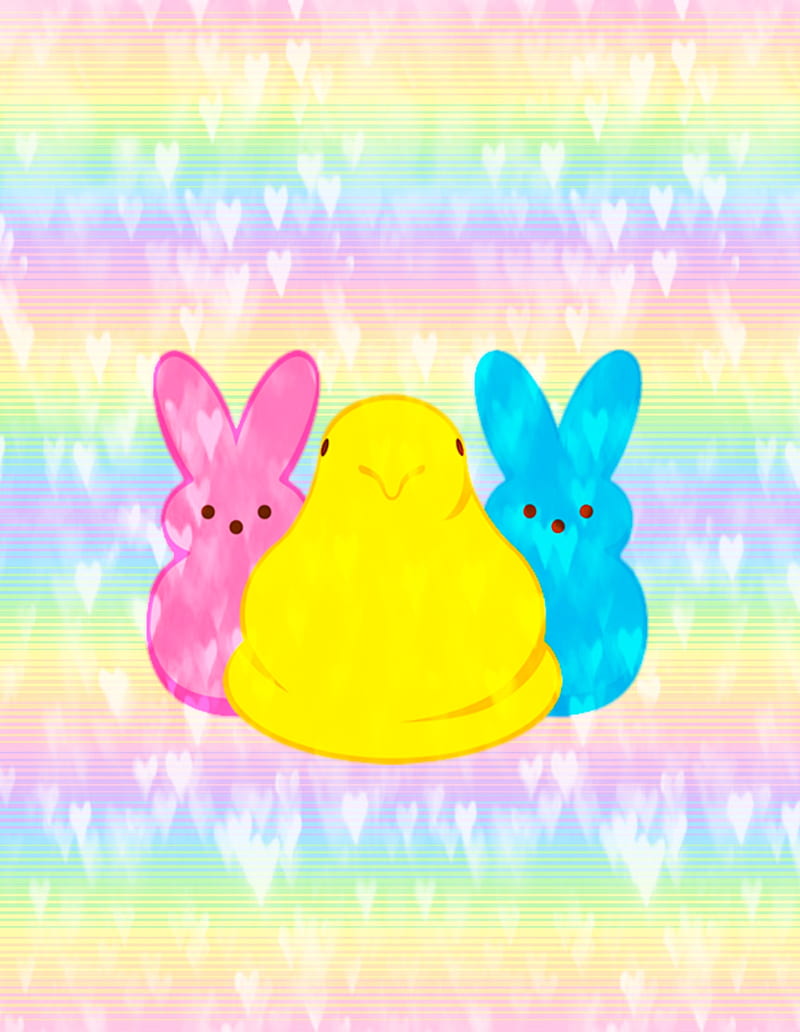 Easter Peeps, bunnies, candy, chicks, cute, easter, corazones, love, pastel, peeps, rainbow, HD phone wallpaper