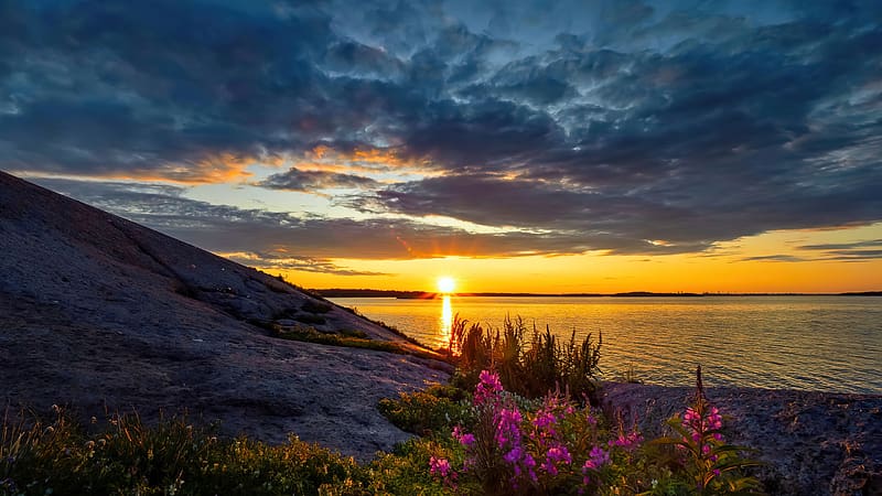 Sunset in Finlandia, sunset, fiery, river, sea, Finlandia, lake, wildflowers, north, reflection, view, clouds, sky, evening, HD wallpaper