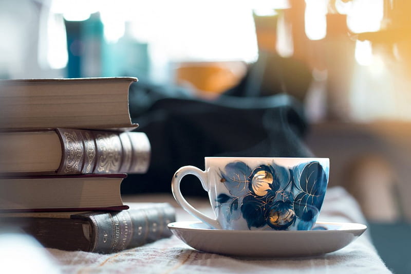 Tea time, table, coffee, books, drinks, hot, cup, tea, HD wallpaper | Peakpx