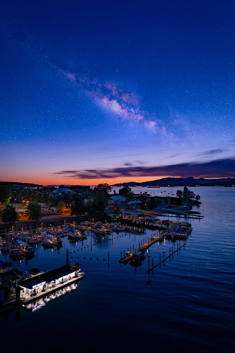 night city, pier, starry sky, water, HD phone wallpaper
