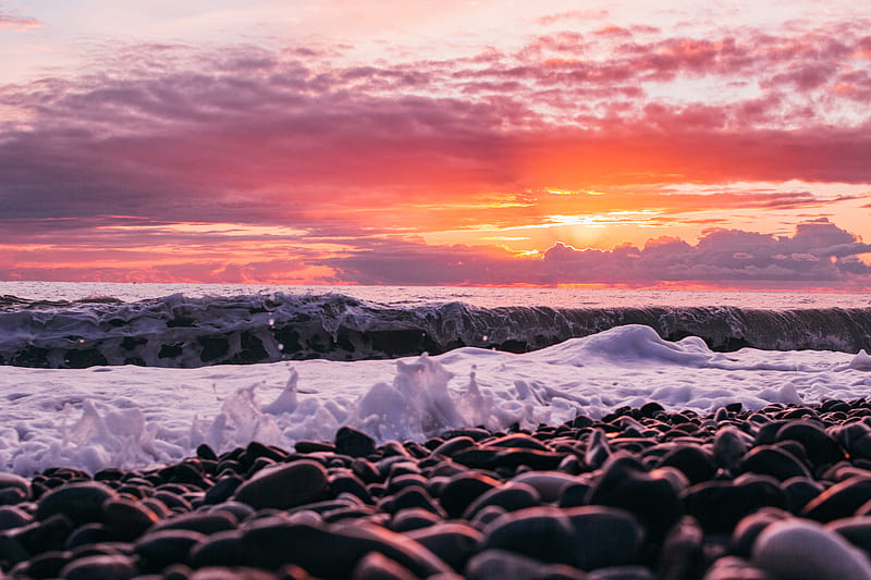 sunset, sea, waves, shore, pebbles, HD wallpaper