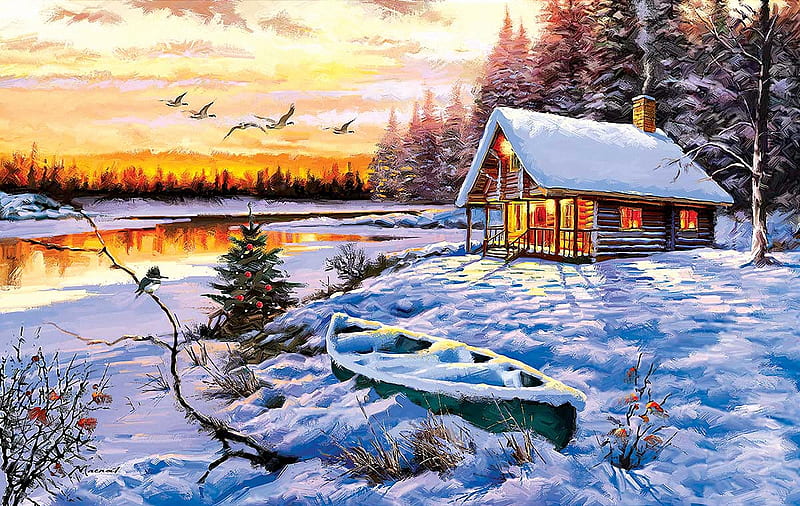 Log Cabin, snow, birds, sunset, river, trees, sky, winter, artwork, boat, painting, HD wallpaper