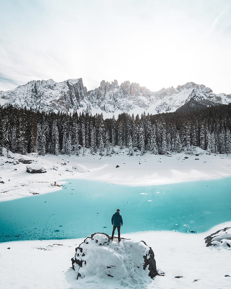 mountains, lake, snow, loneliness, solitude, man, winter, HD phone wallpaper
