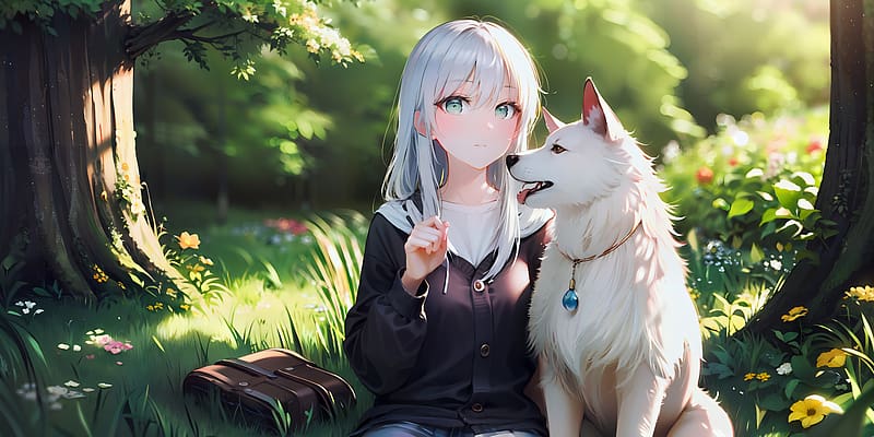 girl, dog, collar, backpack, forest, anime, HD wallpaper