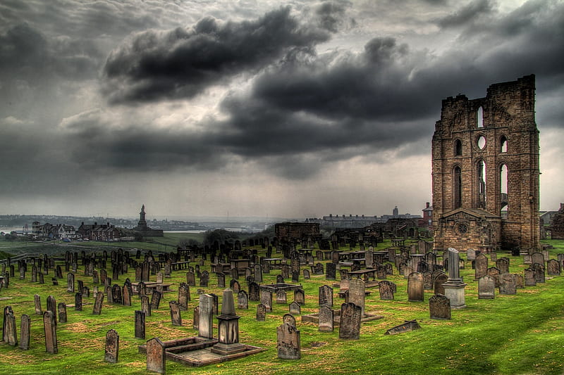 Long Forgotten, grass, ruins, church, cemetary, old, clouds, storm, dark, forgotten, HD wallpaper