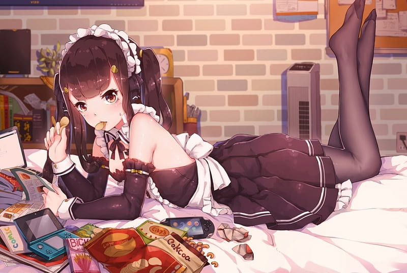 Maid Break, PSP, Anime, Smacks, Red Eyes, Bed, Blushing, Maid Outfit, Maid, 3DS, Black Stockings, Snacking, Game Systems, Portable Games, Big Eyes, Laying Down, Relaxing, Anime Girl, Anime Maid, HD wallpaper