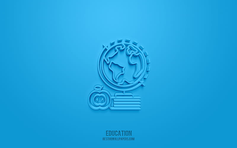 Education 3d icon, blue background, 3d symbols, Education, Globe icons, 3d icons, Education sign, Globe 3d icons, HD wallpaper