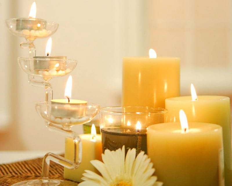 Sets of Candles, yellow, flowers, lighted, candles, HD wallpaper