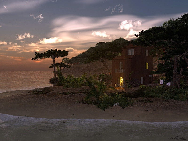 mediterranean evening, beaches, houses, nature, evening, sky, sea, light, HD wallpaper