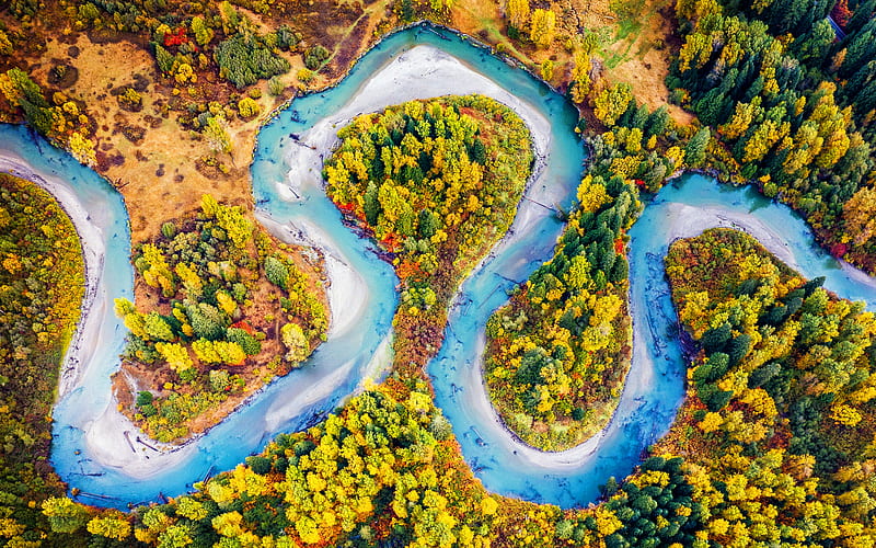 blue river, aerial view, island autumn, forest, beautiful nature, R, HD wallpaper