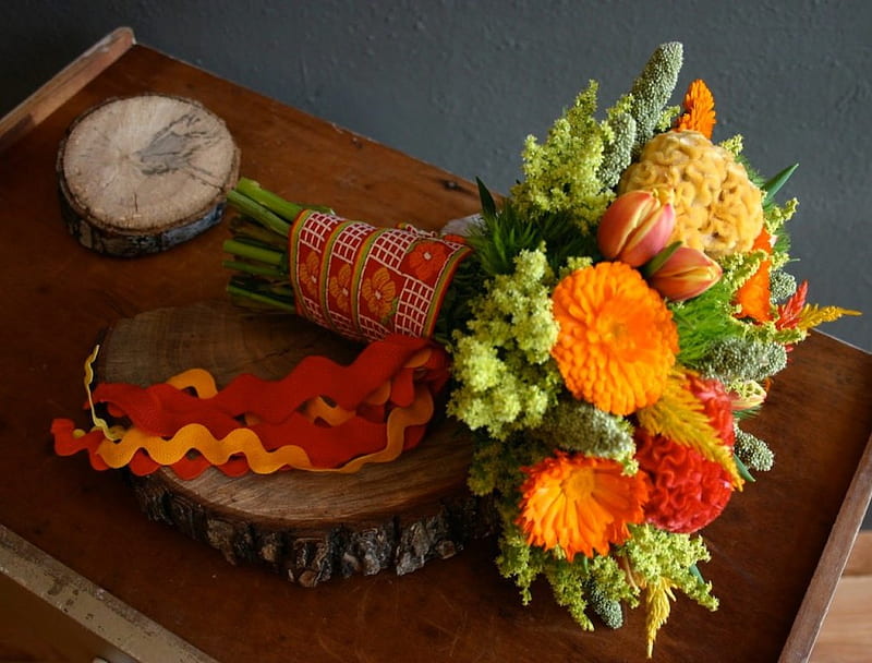 Pretty Orange Zinnia Bouquet, zinnia, cheerful, bouquet, orange, ribbon, flower, arrangement, happy, HD wallpaper
