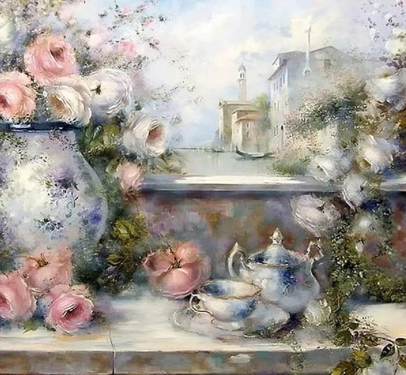 tea set and roses, painting, roses, abstract, tea set, HD wallpaper