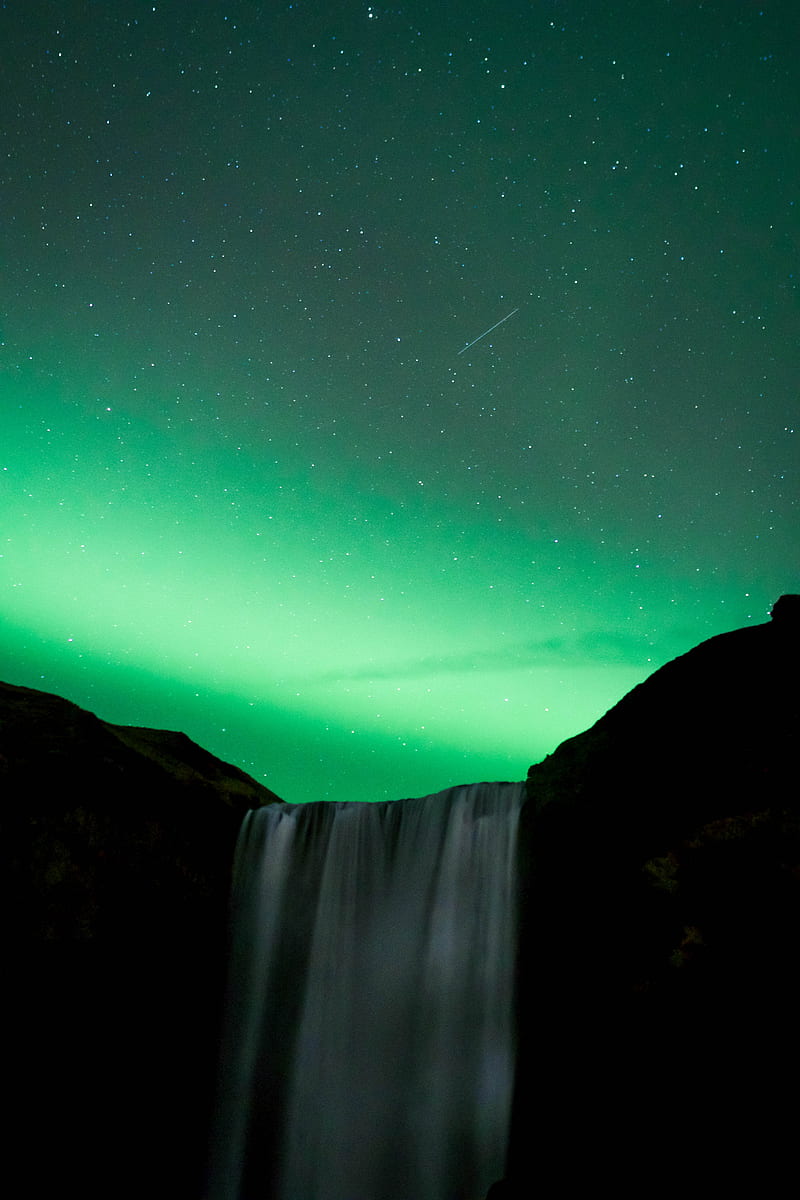 waterfall, night, northern lights, stars, sky, green, HD phone wallpaper