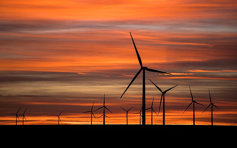 Wind Turbines at Sunset, orange, colors, sunset, wind turbines, landscape, HD wallpaper