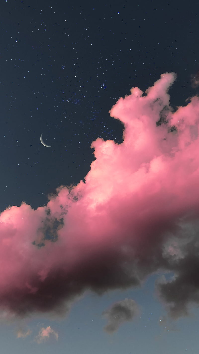 A whole new world, blue sky, clouds, cloudscape, cosmic, crescent, crescent moon, dream, dreamy, magic, magical, moon, moon art, nature, pink aesthetics, pink clouds, pink sky, shoot_thismoment, sky, space, space art, starry, starry sky, stars, vaporwave, HD phone wallpaper