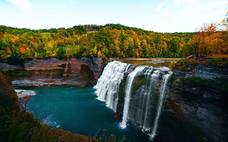 Letchworth State Park, NY, cascade, river, fall, forest, autumn, colors, HD wallpaper