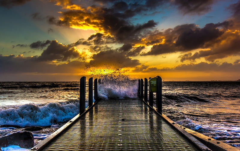 Waves Ocean Pier Sunset Ocean Waves Sky Clouds Sea Nature Hd Wallpaper Peakpx