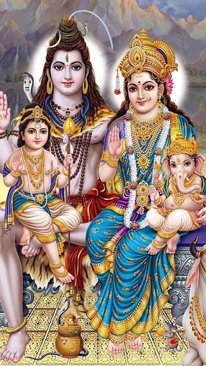 Shivji Parvati With Family, shivji parvati, family, devotional, nandi, HD phone wallpaper