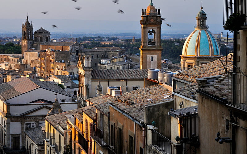 Caltagirone, Sicily, evening, sunset, panorama, Caltagirone cityscape, Italy, HD wallpaper
