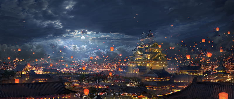 Mid-Autumn Festival, world, festival, cloud, autumn, luminos, lantern, sky, houwai leung, fantasy, moon, light, blue, night, HD wallpaper