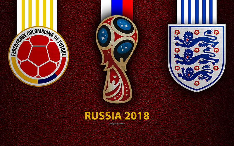 Colombia vs England, Round 16 leather texture, logo, 2018 FIFA World Cup, Russia 2018, July 3, football match, creative art, national football teams, HD wallpaper