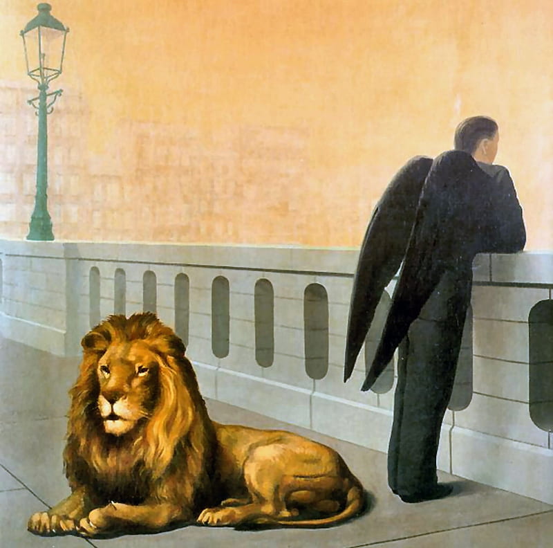 Homesickness, Magritte, art, surrealist, surrealism, bonito, Rene Magritte, abstract, artwork, lion, bridge, painting, surreal, HD wallpaper