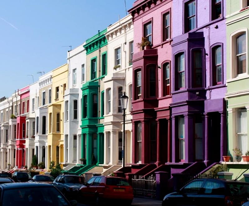 Houses In London, Purple, Yellow, London, Red, Green, Architecture, Houses, White, HD wallpaper