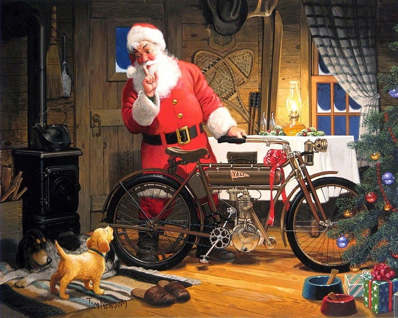 New Bike, christmas tree, santa, painting, oven, artwork, dog, HD wallpaper