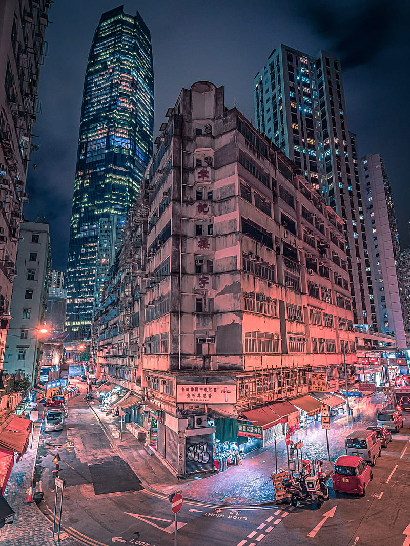 night city, buildings, skyscrapers, neon, road, HD phone wallpaper