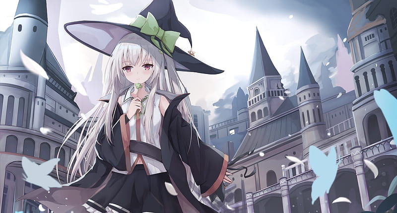 anime castle, girl, white hair, witch, hat, fantasy world, Anime, HD wallpaper