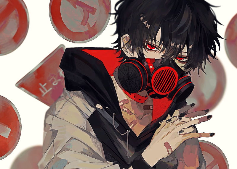 Anime boy, gas mask, red eyes, black hair, hoodie, Anime, HD wallpaper |  Peakpx