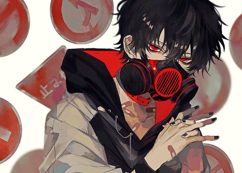 anime boy, gas mask, red eyes, black hair, hoodie, Anime, HD wallpaper