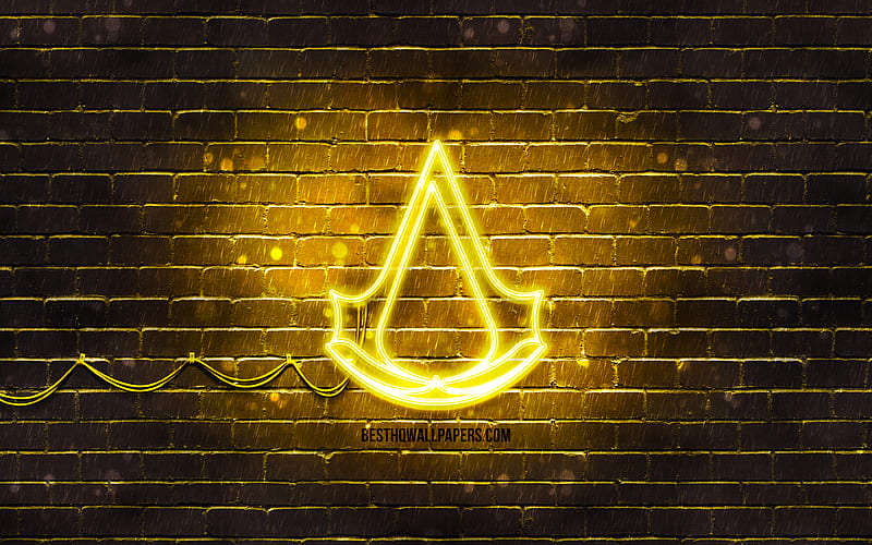 Assassins Creed yellow logo yellow brickwall, Assassins Creed logo, 2020 games, Assassins Creed neon logo, Assassins Creed, HD wallpaper