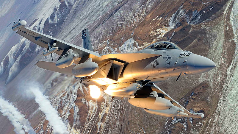 EA-18G Growler, f-18, hornet, banking , military, super, super hornet, firing, aircraft, 1080i, snow, mountains, Entropy, jet, HD wallpaper