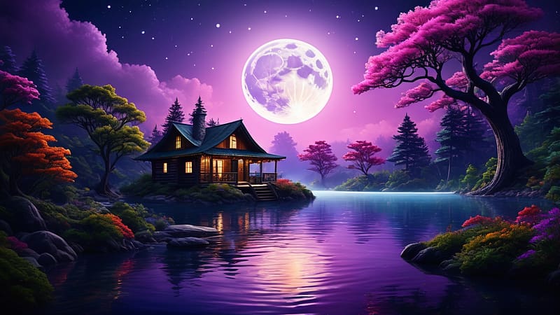 Watercolor-style quaint cabin nestled amid a moonlit magical forest, novenyzet, termeszet, akwarell stilusu, kabin, lila, telihold, folyo, varazslatos erdo, HD wallpaper