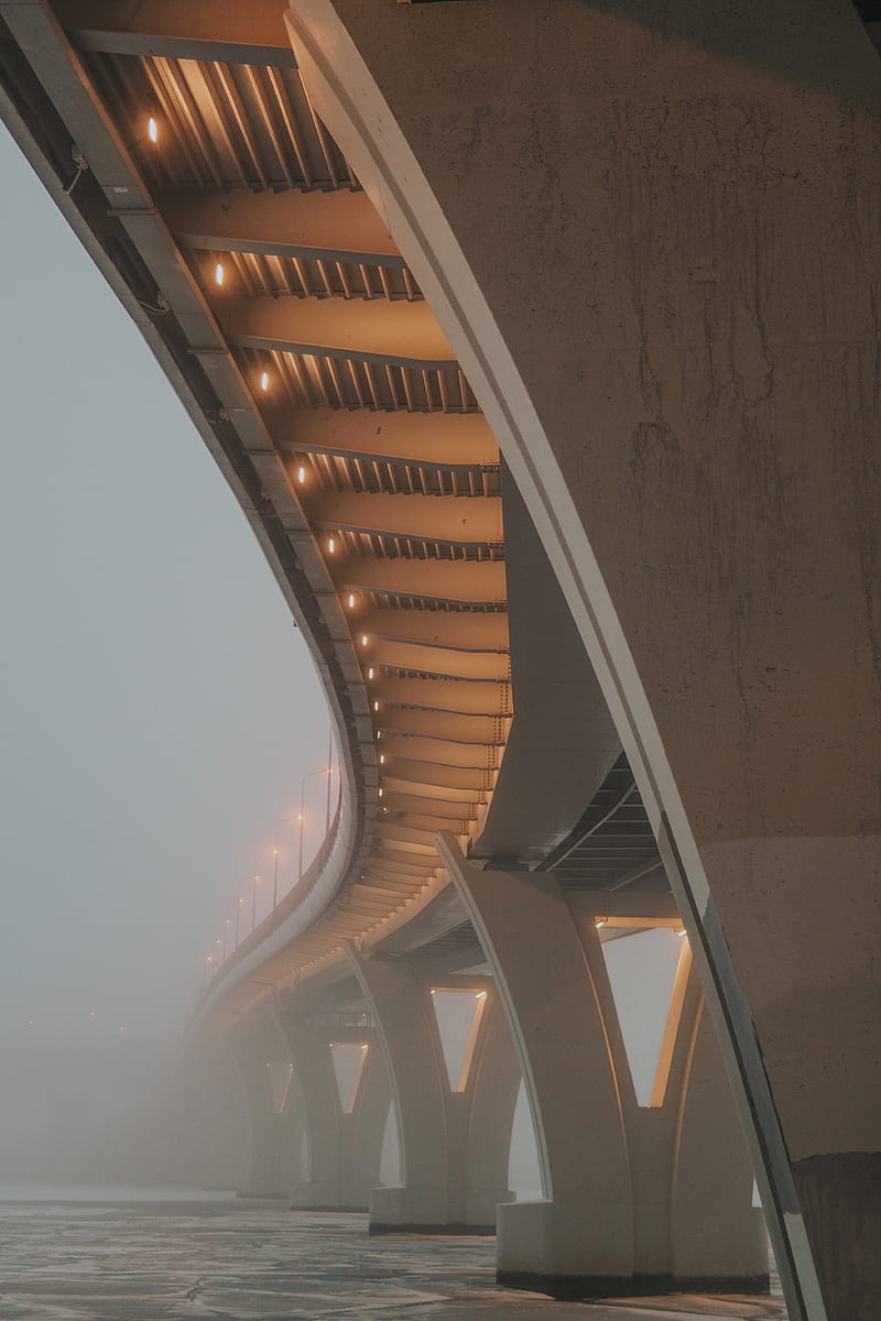 bridge, construction, architecture, fog, water, HD phone wallpaper