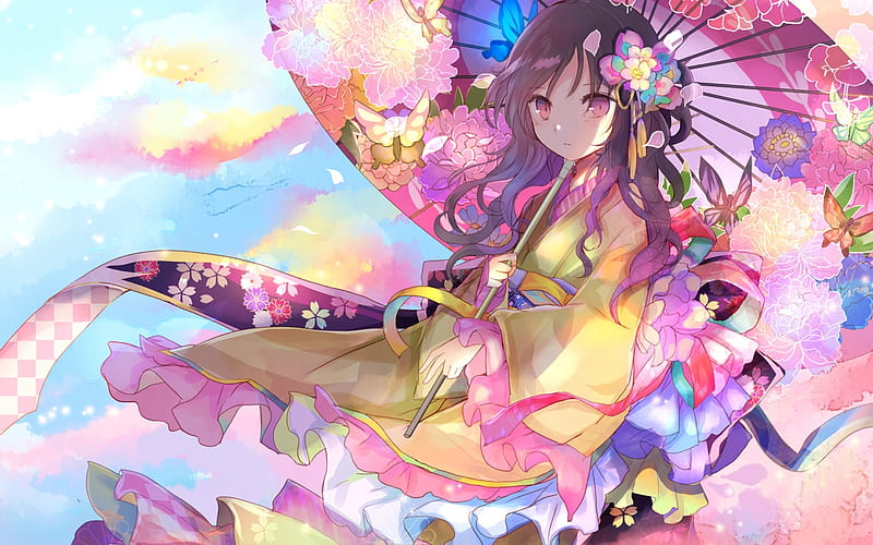 Girl, anime, wind, yellow, umbrella, manga, parasol, pink, HD wallpaper