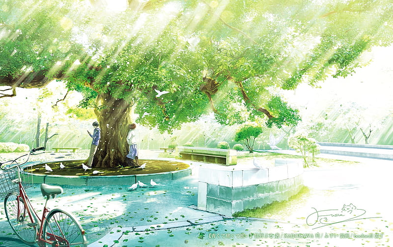 anime couple, big tree, scenic, bicycle, birds, wind, Anime, HD wallpaper
