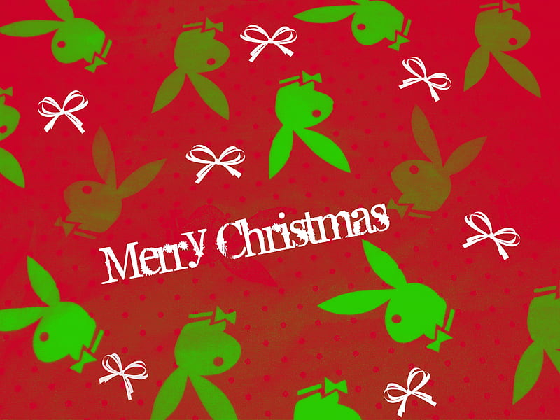 A Bunny Kind of Christmas, red, holidays, christmas, fun, bows, merry, green, playboy, bunny, white, HD wallpaper