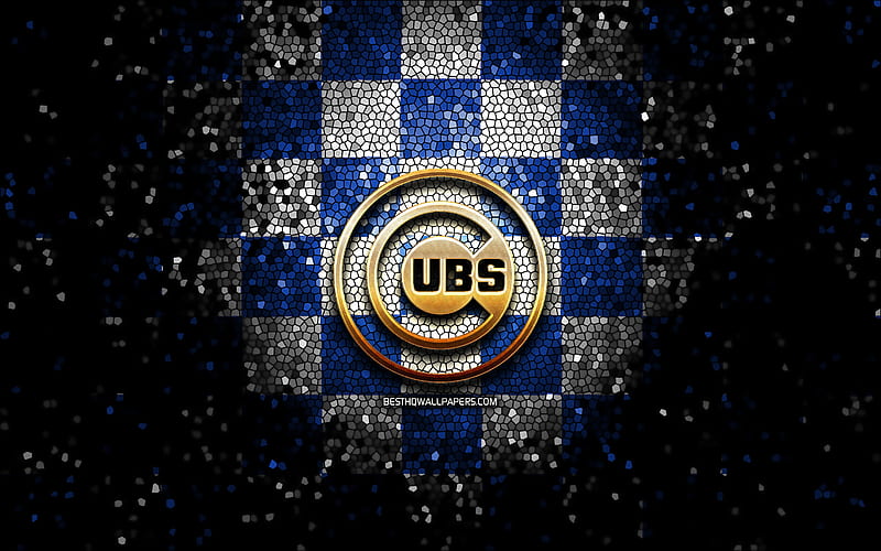 Chicago Cubs, glitter logo, MLB, blue white checkered background, USA, american baseball team, Chicago Cubs logo, mosaic art, baseball, America, HD wallpaper