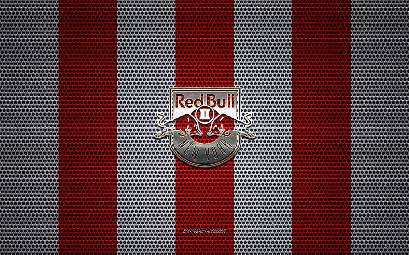New York Red Bulls II logo, American soccer club, metal emblem, white and red metal mesh background, New York Red Bulls II, USL, Harrison, New Jersey, USA, soccer, HD wallpaper