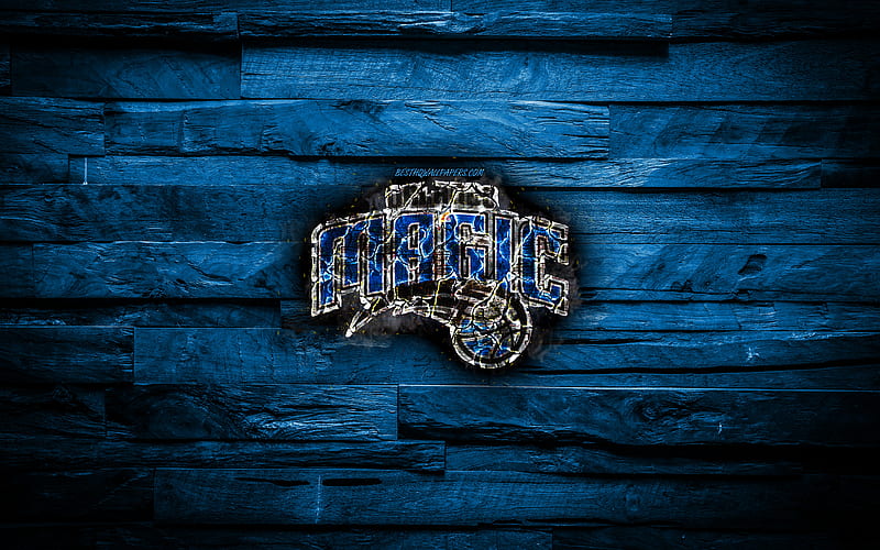 Orlando Magic scorched logo, NBA, blue wooden background, american basketball team, Eastern Conference, grunge, basketball, Orlando Magic logo, fire texture, USA, HD wallpaper