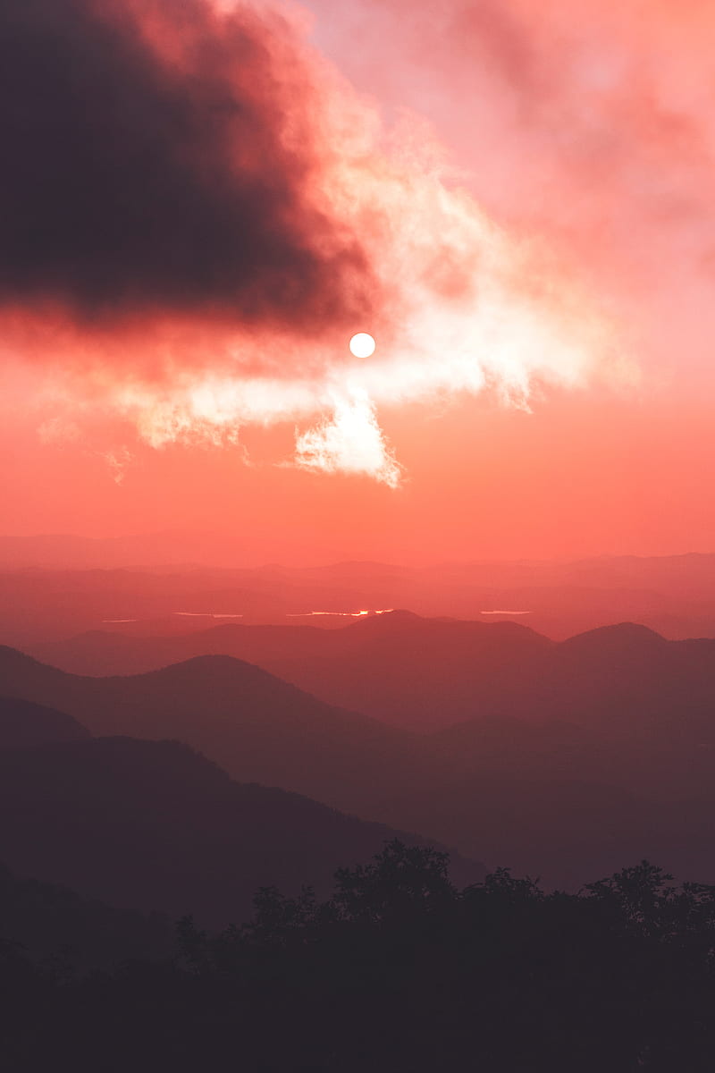 sunset, mountains, fog, clouds, dusk, HD phone wallpaper